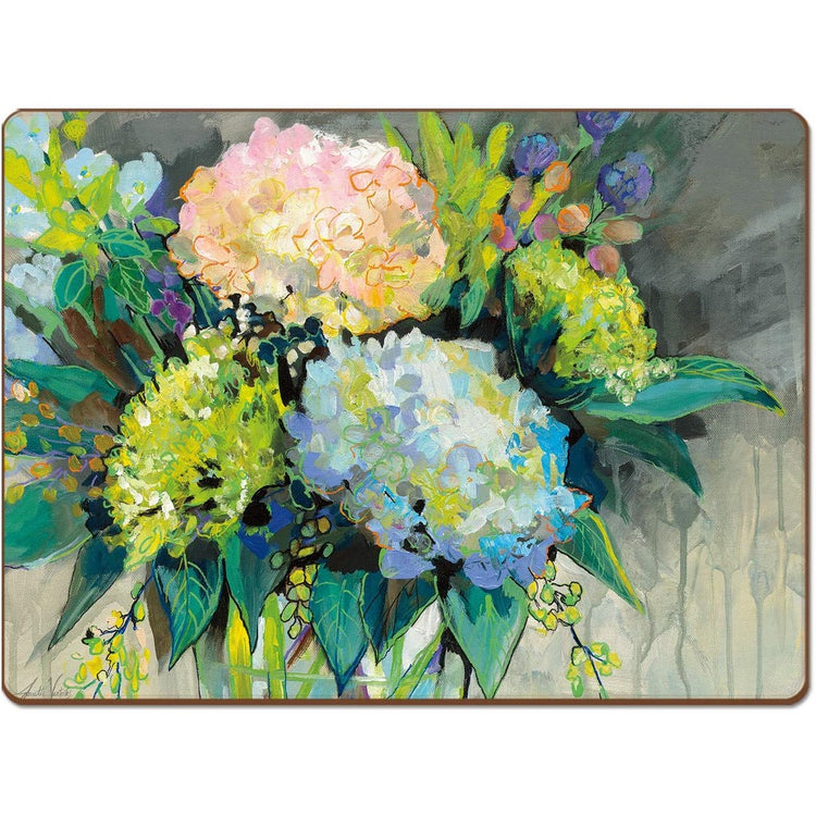 Rectangle shaped hardboard placemat with hydrangea blooms in bold colors of blue, green and pink.