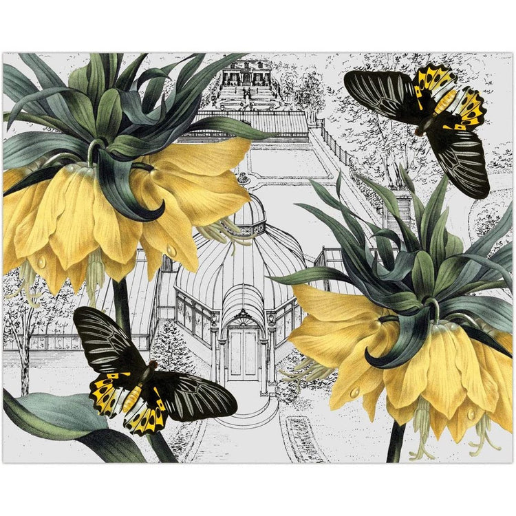 White mat with a etched conservatory in the background & black & yellow butterflies & yellow & green flowers in the forefront.