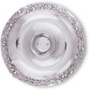 Round silver tray show from above. Leaf pattern etched on edge of platter.