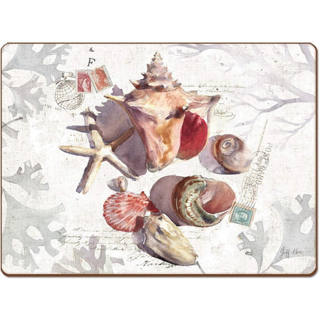 Rectangle shaped hardboard placemat with seashells and a starfish on white postcard background.