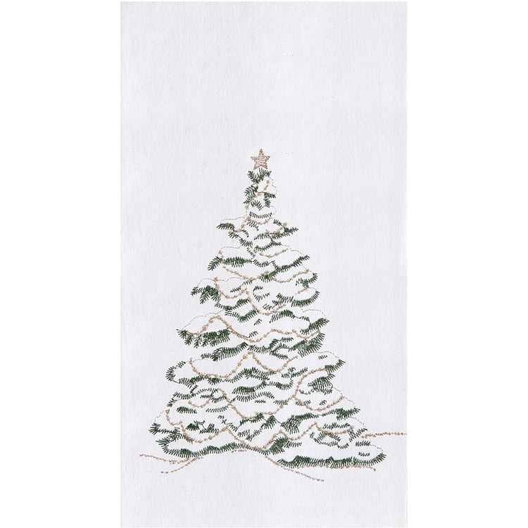 White towel with green pine tree and snow on it & a star at the top.