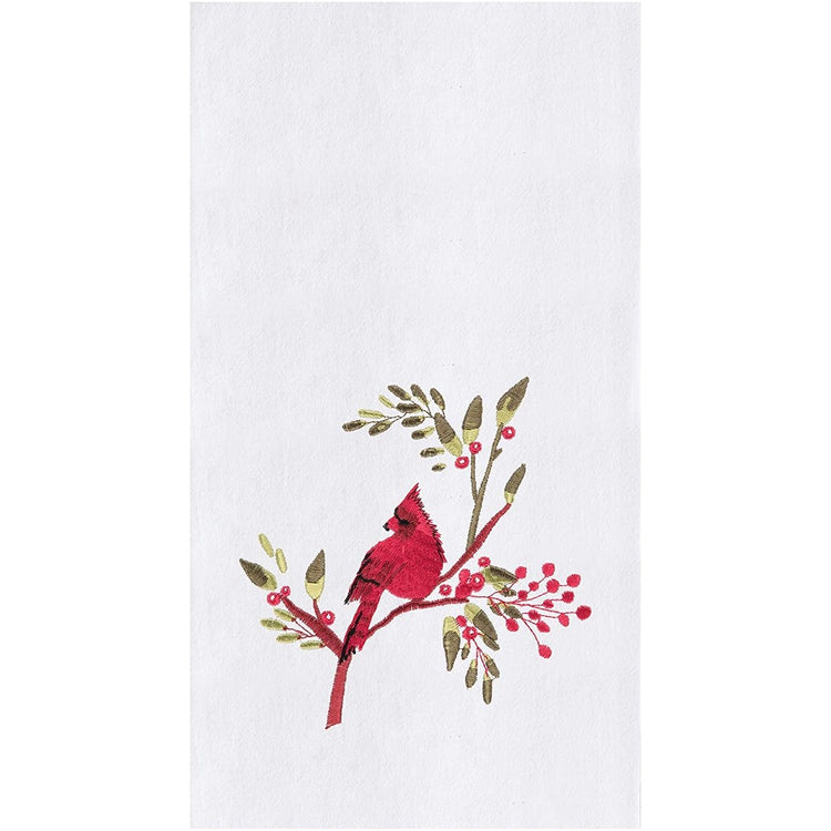 White towel with a red cardinal in a holly branch.