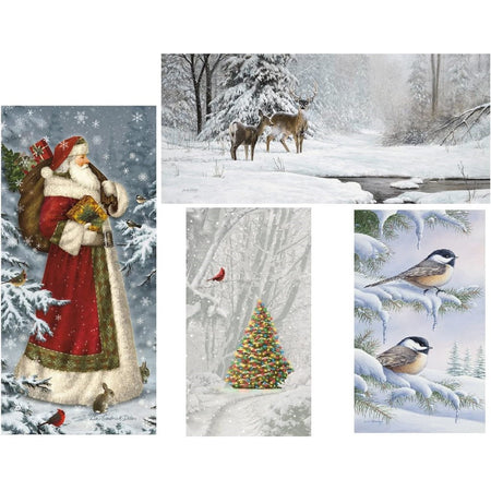 Sants, Christmas tree, deer by a lake & chickadees in a tree cards.