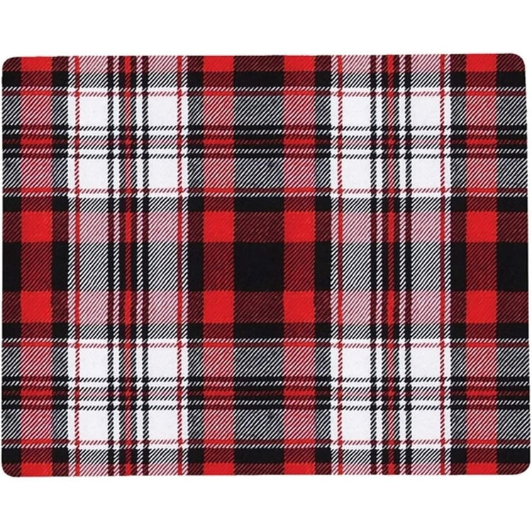 Rectangular placemat with a red, black, white and gray plaid pattern.