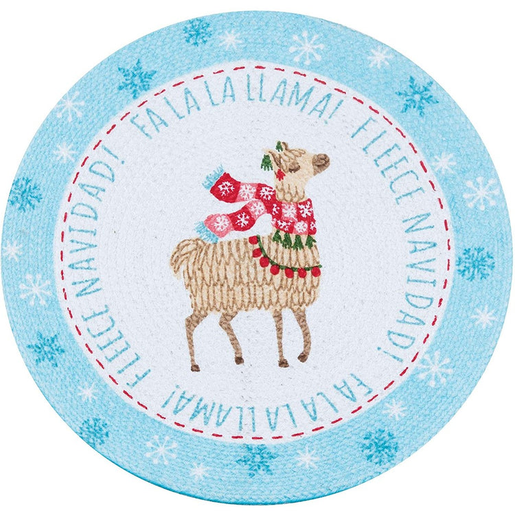 Light blue edge with snowflakes with a llama wearing a scarf in the center.