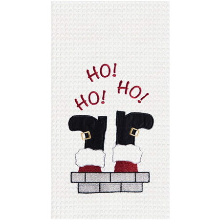 White towel, red text 'Ho! Ho! Ho!" at the top. Santa's legs & boots are sticking out of the top of chimney.