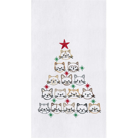 White flour sack towel with different embroidered cat faces stacked to look like a Christmas tree. Red star at the top.