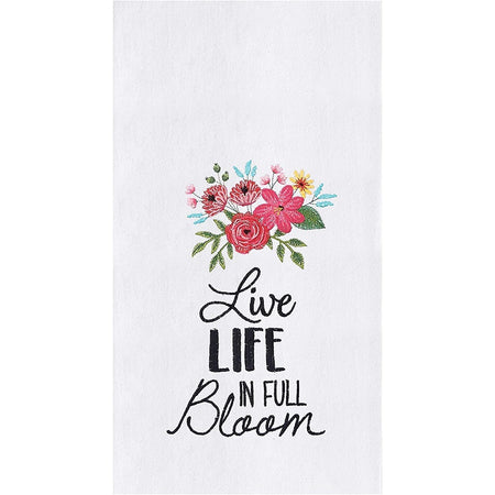 White towel with flowers & saying "Live Life In Full Bloom".