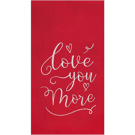 Red towel with white embroidered lettering "love you more".