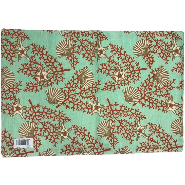 Sea green placemat & orange coral with tan seashells & starfish all around the mat.