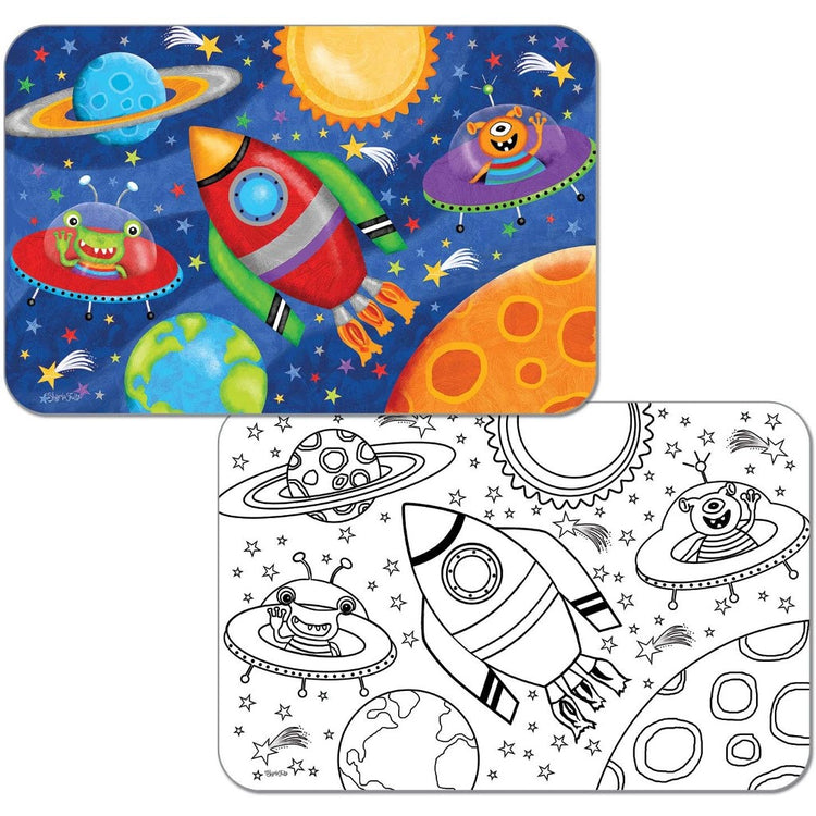 2 rectangle kids placemats, 1 with a spaceship, alien ships & planets, 1 is the same but white with black outlines so you can color in.