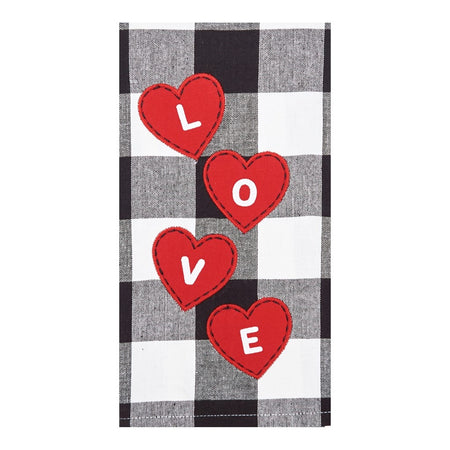 Black, white, and grey checkered kitchen towel with 4 red hearts that spell L O V E. 