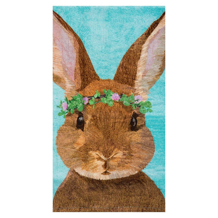 Teal dishtowel with full face print of a bunny wearing a floral headband.