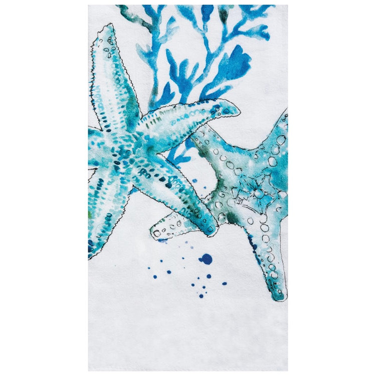 White towel with blue coral and 2 teal starfish. Blue splatters also on towel.