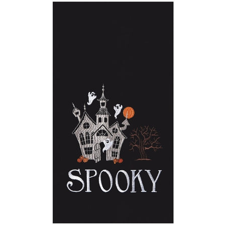 Black towel with embroidered haunted house, ghosts, a bare tree and the word spooky.