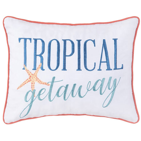white pillow with coral trim, blue and aqua embroidered words "tropical getaway" and an embroidered yellow and coral starfish.