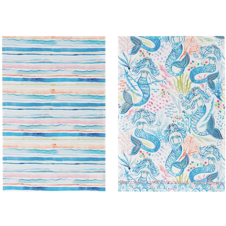 two towels, one wit blue and pink stripes, the other has a mermaid pattern in a watercolor painted design.