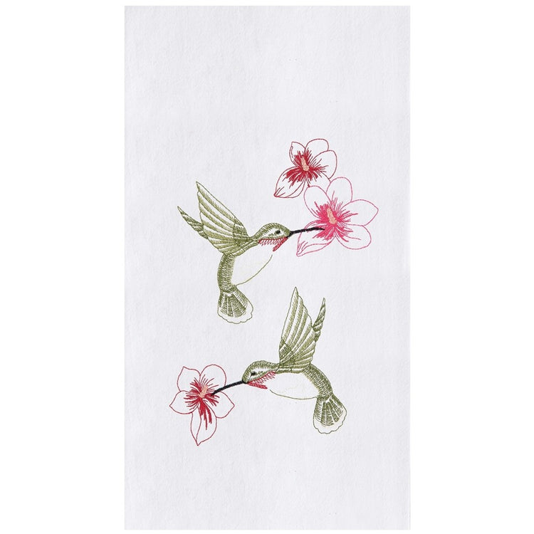 White towel, 2 embroidered green hummingbirds flying by red flowers