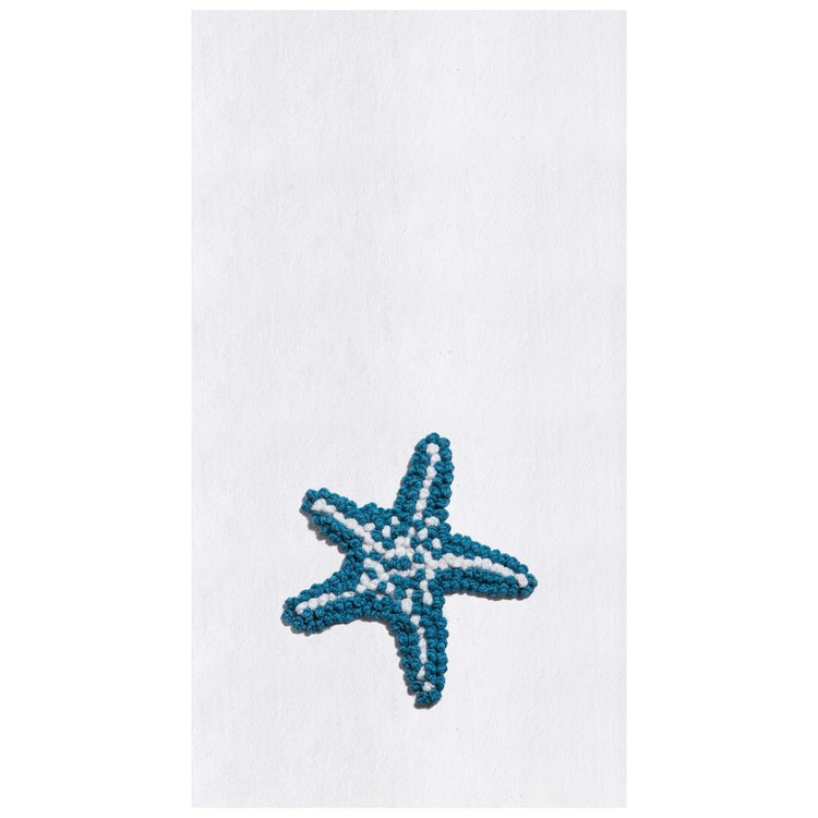 White flour sack kitchen towel embroidered with Teal starfish.