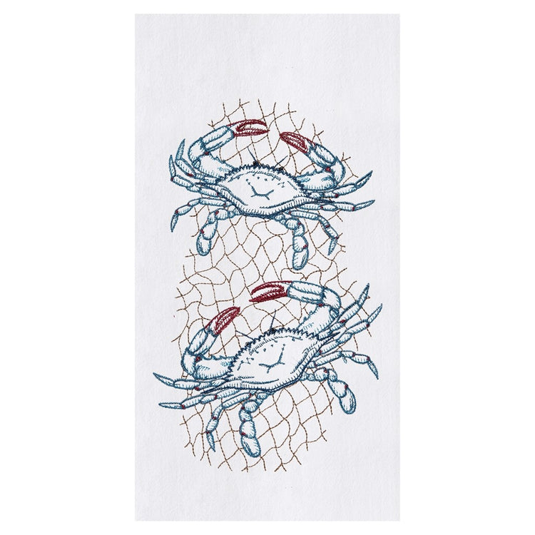 White flour sack dishtowel with 2 blue crabs in netting.