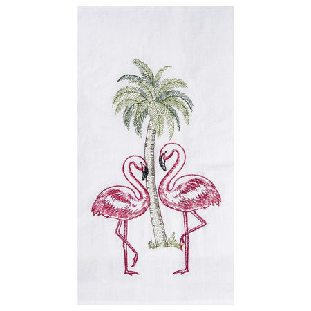 White flour sack kitchen towel embroidered with  2 pink flamingos in front of palm tree.