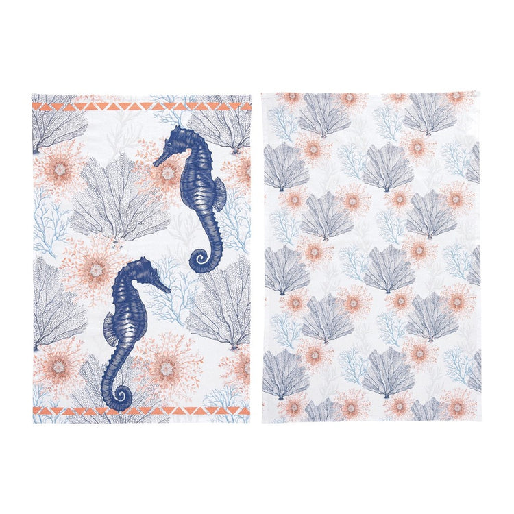 1 towel with 2 seahorses on it & 1 towel with teal, navy & coral colored coral.