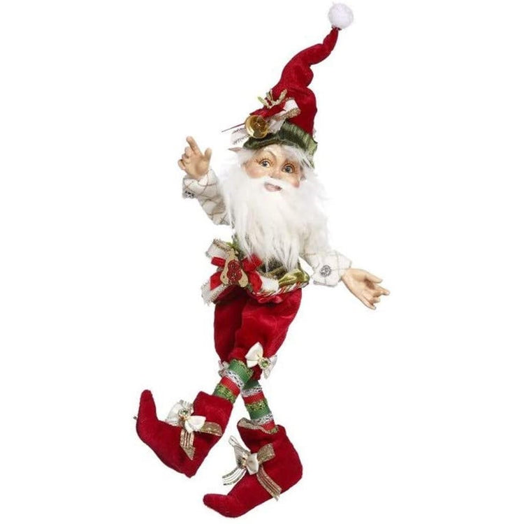 tall bearded elf in red stocking cap, pants and boots with red, green and white striped stockings.