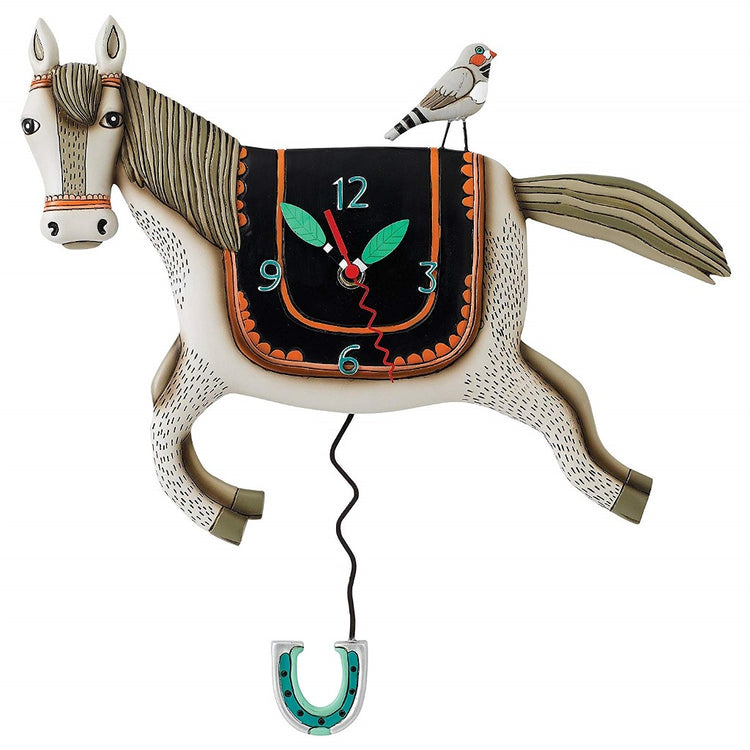Horse shaped wall clock with horseshoe pendulum.