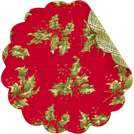 Red round placemat with holly, other side is green & white plaid.