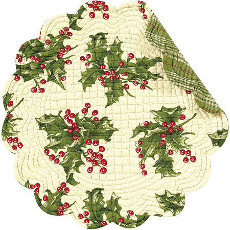 Cream placemats with green holly & red berries on it.