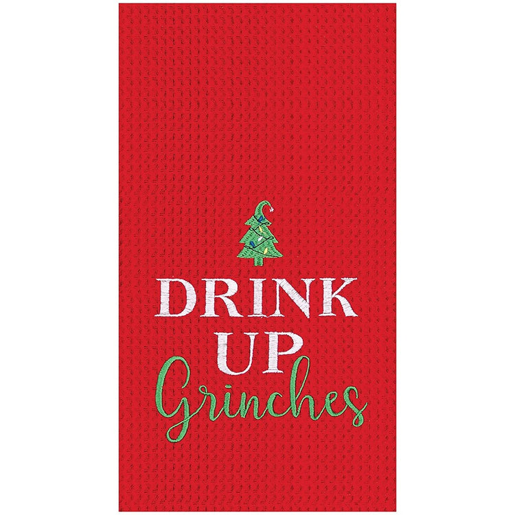 red waffle weave towel that says drink u grinches