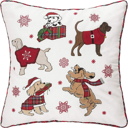Square pillow with dogs in holiday sweaters with presents.