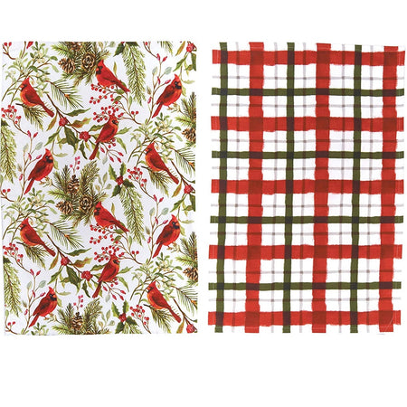 2 rectangle dish towels. One towel has greenery and pinecones with red cardinals in a repeated print. The second towel is plaid red and green on white.
