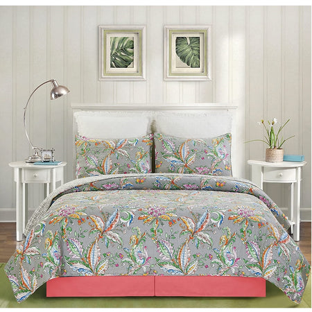 Bed with Grey background bedspread and pillow shams with red, green, yellow and blue floral pattern