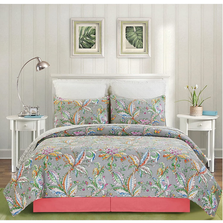 Bed with Grey background bedspread and pillow shams with red, green, yellow and blue floral pattern