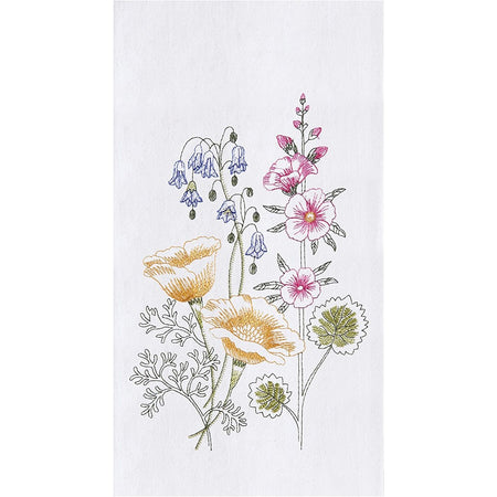 White towel with varied wildflowers embroidered on it.