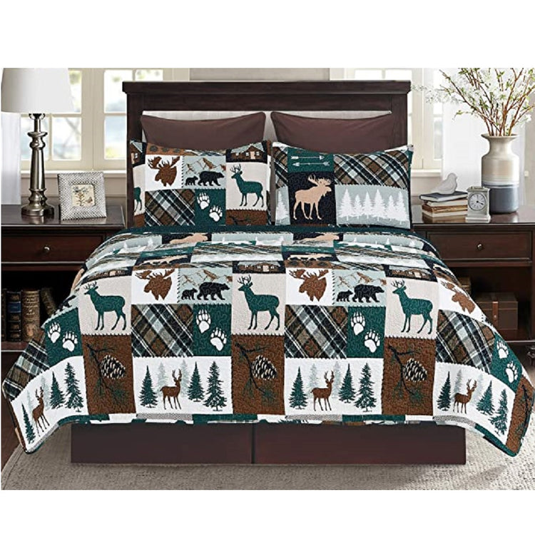 Bed with dark brown background bedspread with square and rectangle pattern. Each box contains a moose or bear or deer or other wildlife image.