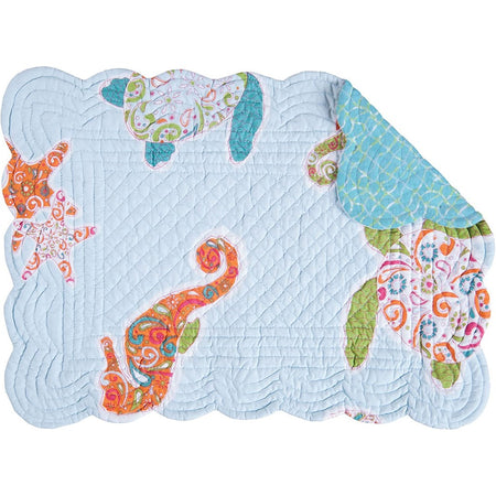 Light blue with colorful seahorse, starfish & turtle. Other side is teal.