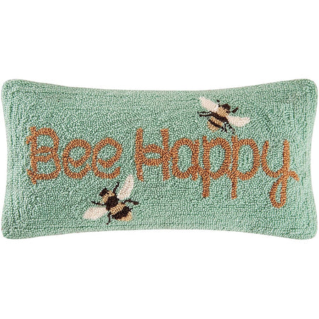 Rectangular shaped hooked pillow in light green with yellow bee happy bee design.