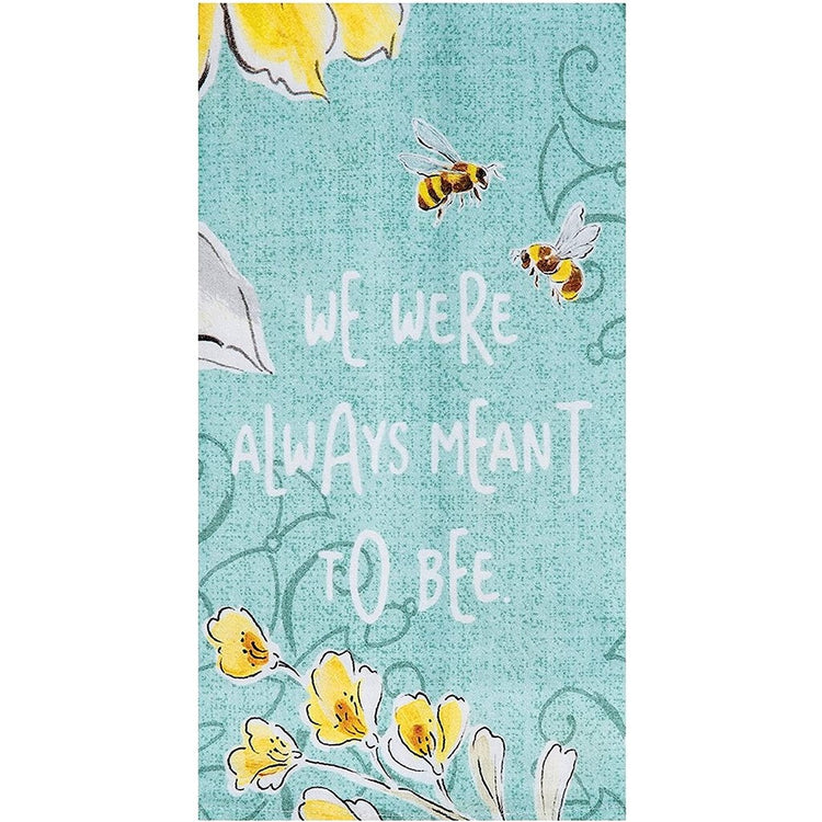 Blue towel that has bees on it and it says "we were meant to bee".