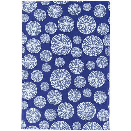 Dark blue towel with light blue and white printed sea urchin design.