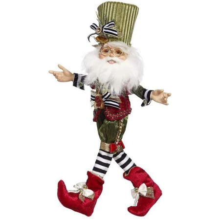 Tall bearded elf in green hat and shorts, black and white striped shirt and stockings, and red vest and boots.