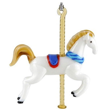 Single glass carousel horse on gold pole. Horse is white with gold tail and mane. Wearing blue scarf and blue/red saddle.