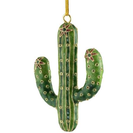 Green cactus ornament with three pink flowers. 