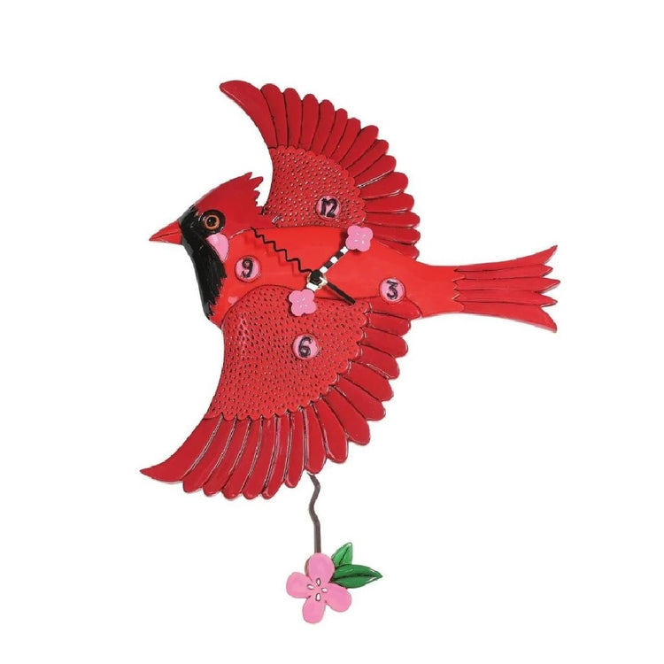 Red flying cardinal designed clock, with pink flower pendulum.