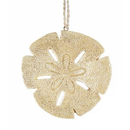 Gold color sand dollar ornament, String hanger connected to top. pebbled look finish.