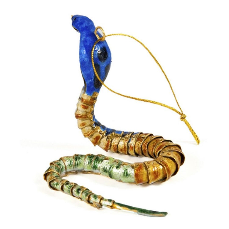Articulated snake shaped Christmas ornament in shades of green, Tans and Blue with gold metal accent.