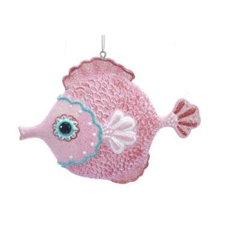 Blow fish ornament with pink face, fins and body trimmed in red & teal.