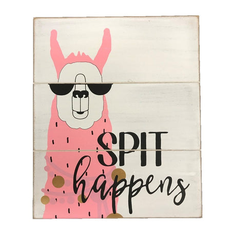 Square plank sign with pink llama in sunglasses "SPIT happens".