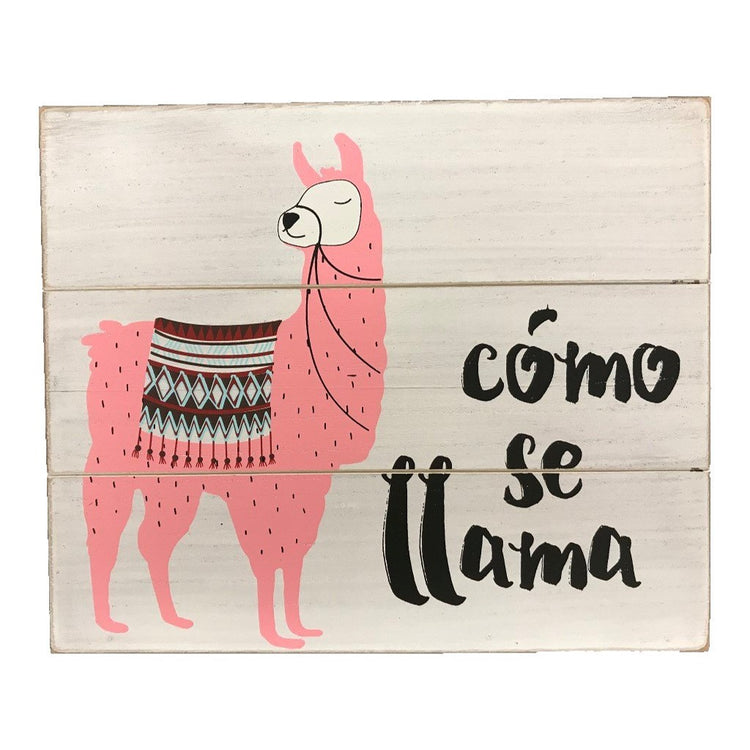 Square plank look sign with pink llama and text "como se llama".